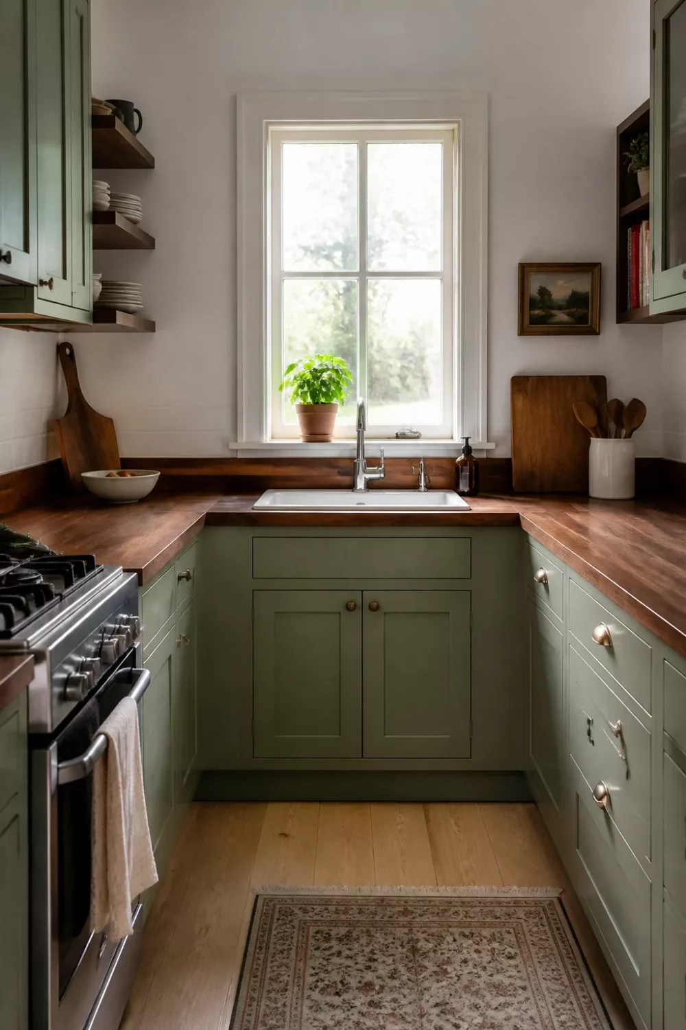 Small kitchen with wood countertops — sage green shaker cabinets, walnut counter & brass hardware
