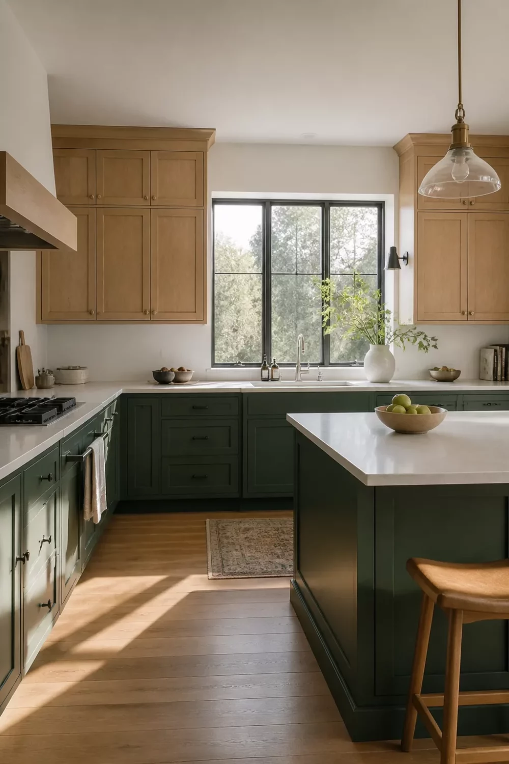 Two tone kitchen cabinets green and wood — forest green lowers with pale oak upper cabinets and white quartz counters