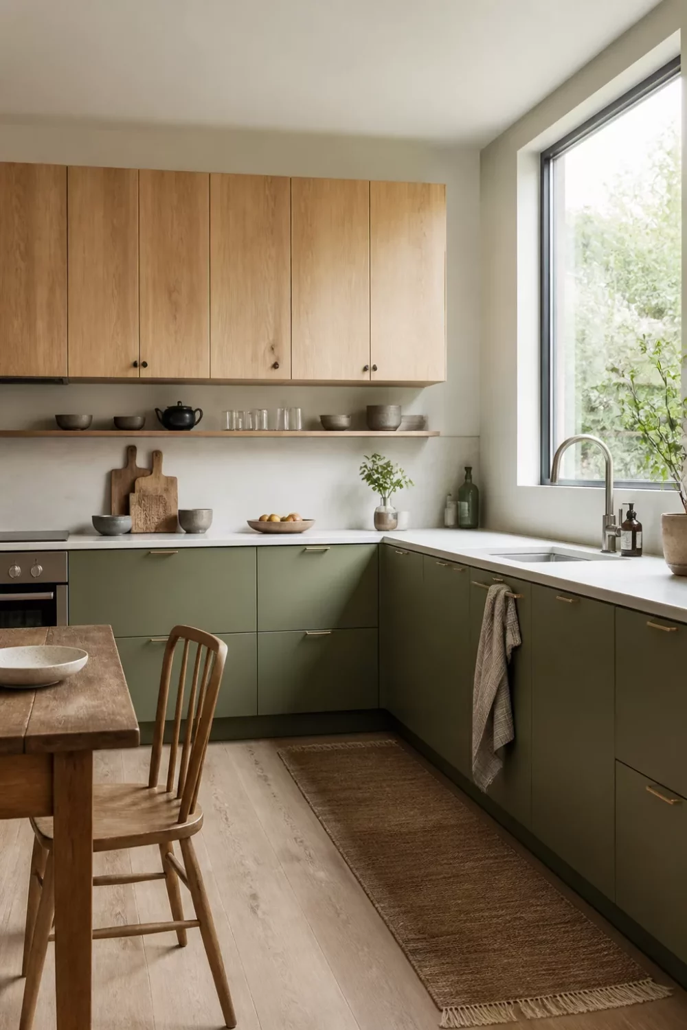 Two tone kitchen cabinets green and wood — khaki green lowers with flat-front birch uppers and open shelf
