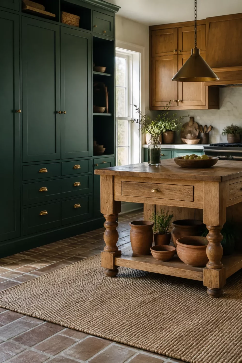 Two tone kitchen cabinets green and wood — deep green pantry with brass pulls beside a freestanding oak island