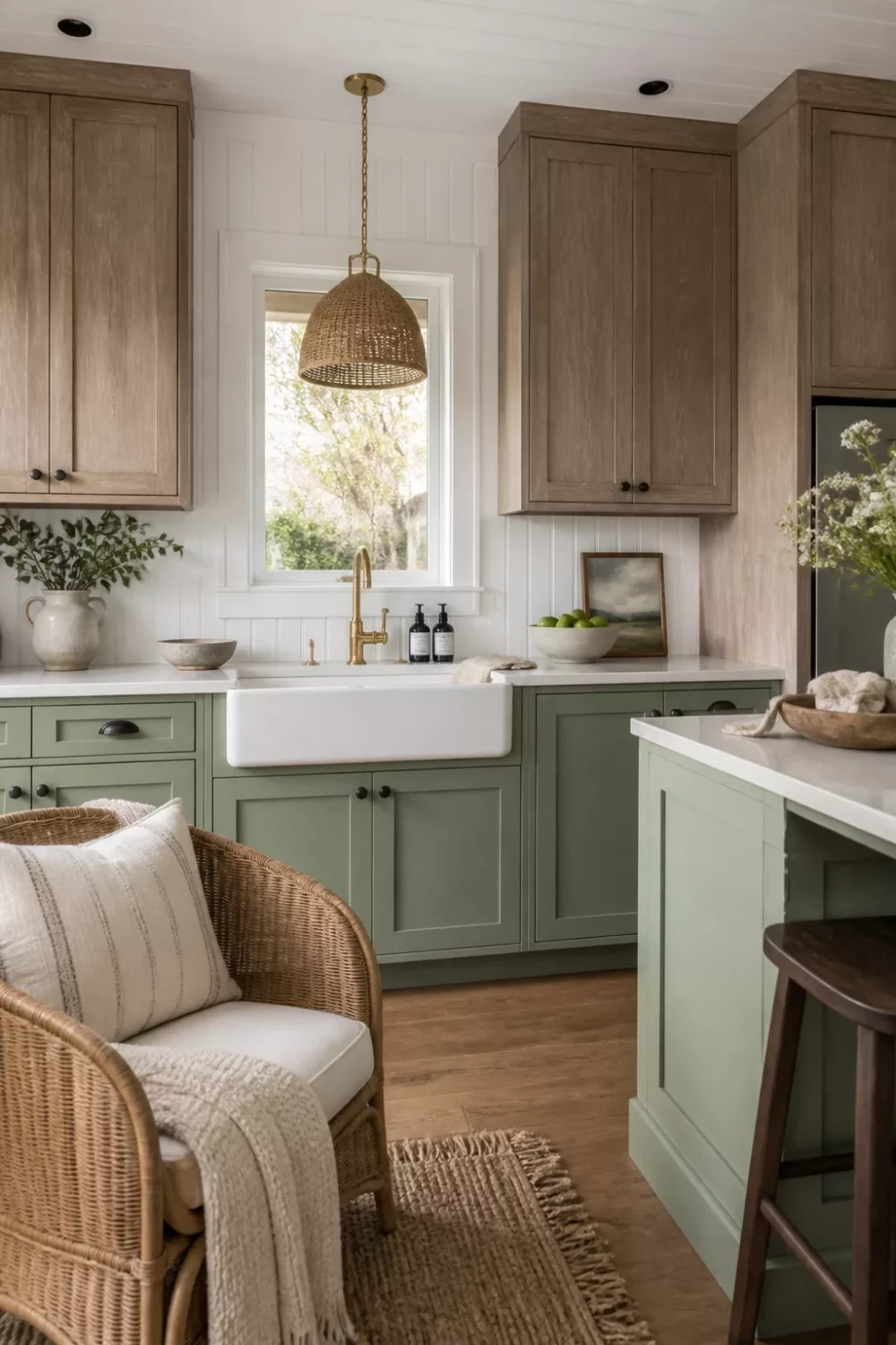 Two tone kitchen cabinets green and wood — pistachio green lowers with driftwood gray-tan uppers and brass farmhouse sink