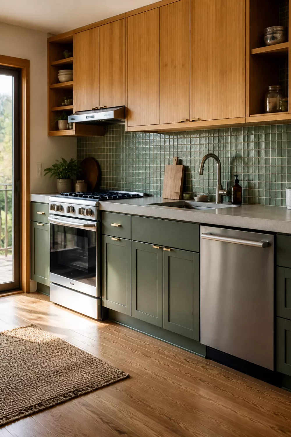 Two tone kitchen cabinets green and wood — olive drab lower cabinets with bamboo upper cabinets and sage tile backsplash