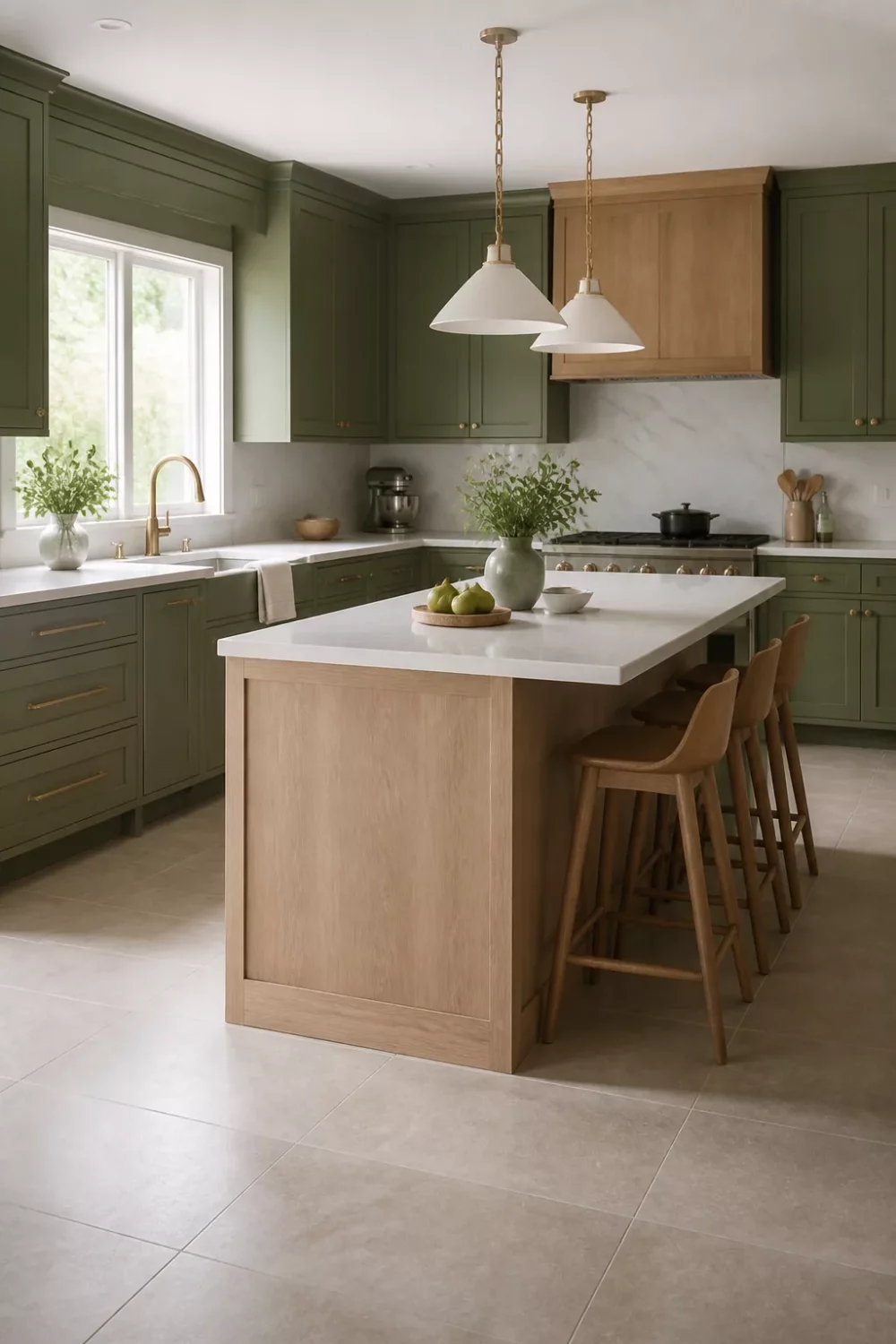 Two tone kitchen cabinets green and wood — fern green perimeter cabinets with a limed oak island and brass hardware
