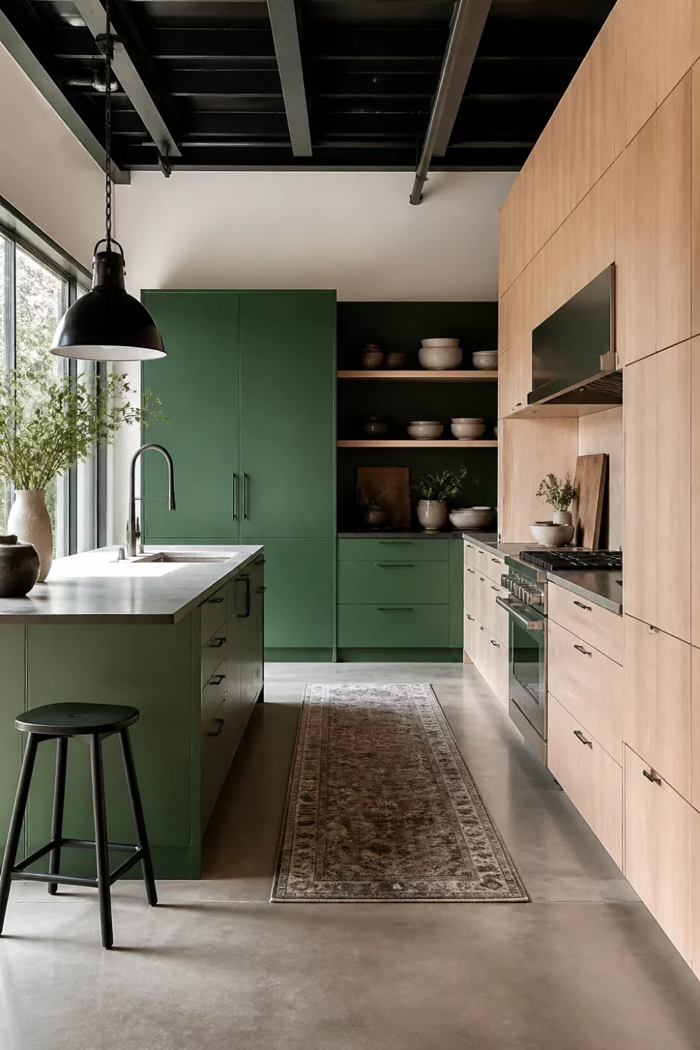 Two tone kitchen cabinets green and wood — jade green island and cabinetry with white oak flat-front panels, concrete floors