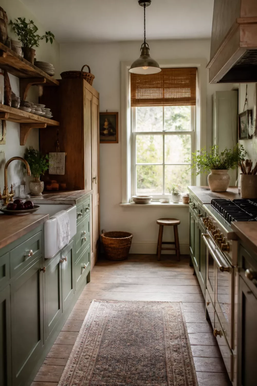 Two tone kitchen cabinets green and wood — faded sage lowers with open reclaimed wood shelves and brass hardware