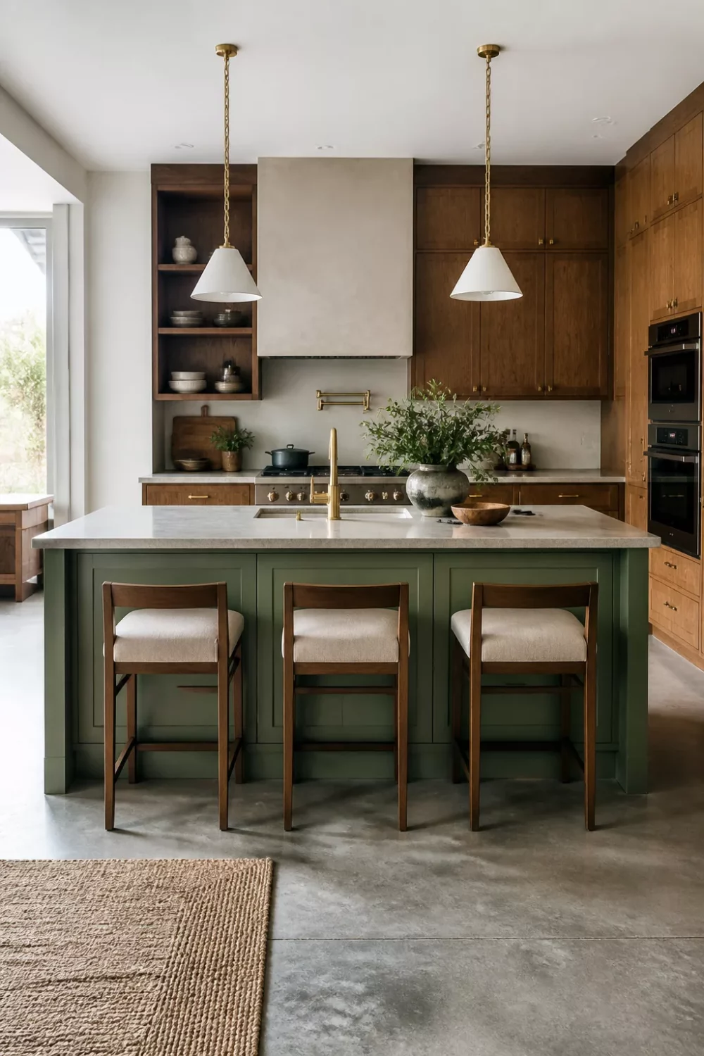 Two tone kitchen cabinets green and wood — sage green island with walnut perimeter cabinets, brass hardware, concrete floors