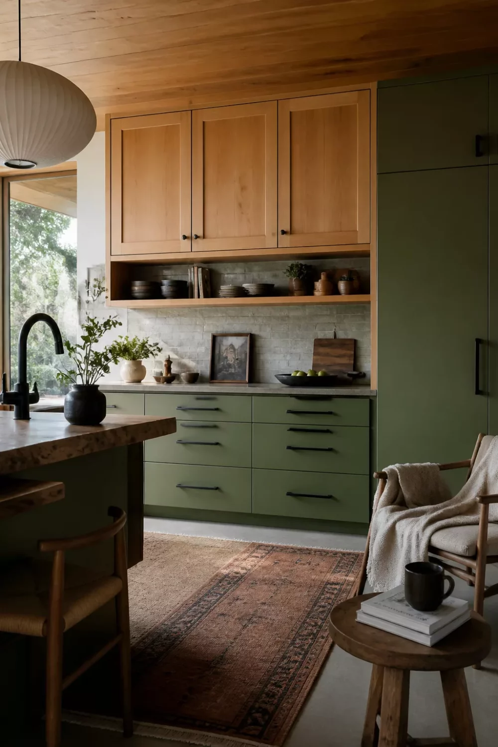 Two tone kitchen cabinets green and wood — olive green drawers below, natural oak shaker uppers above with open shelf