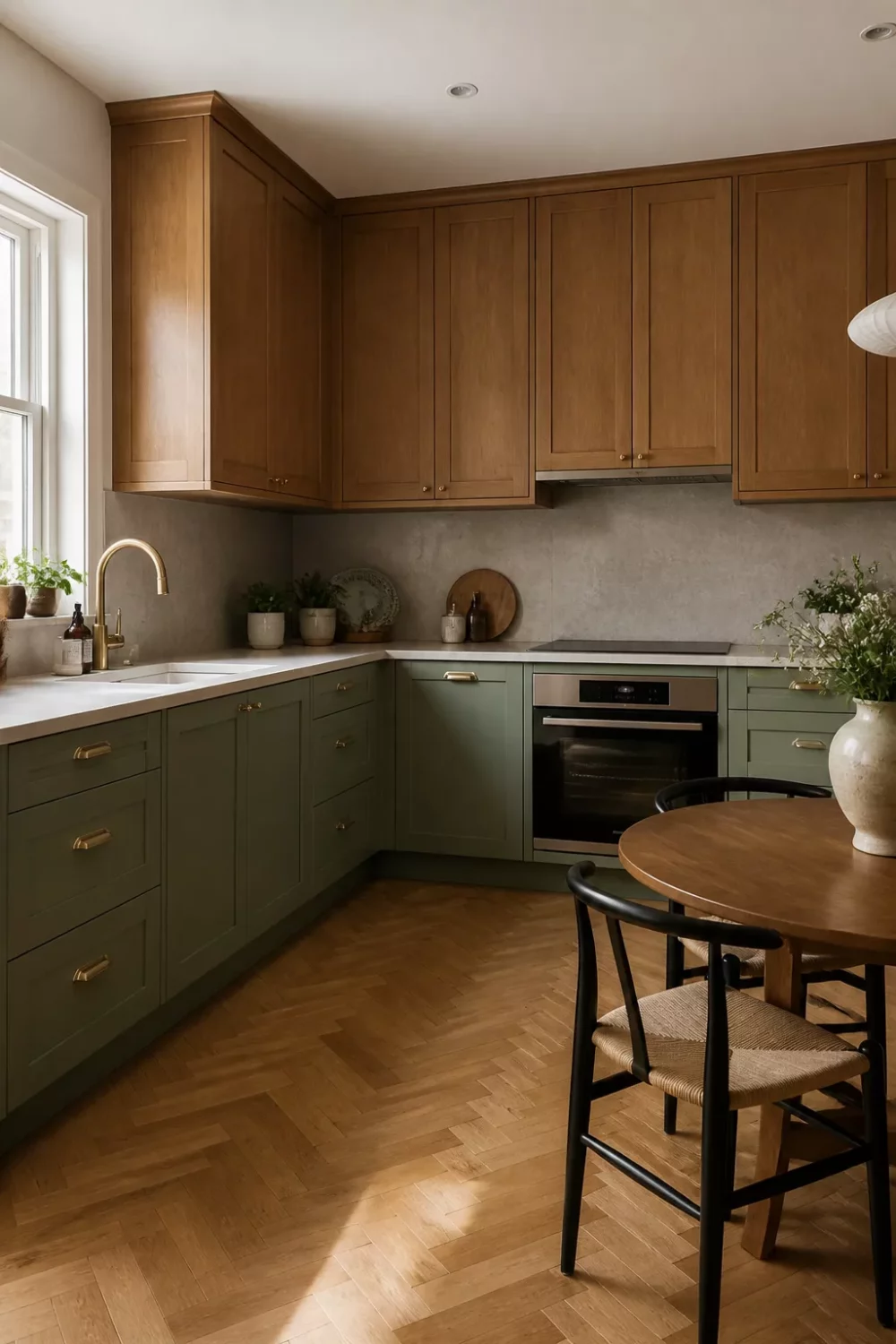 Two tone kitchen cabinets green and wood — dusty sage lower cabinets with medium oak uppers, brass hardware, herringbone floor