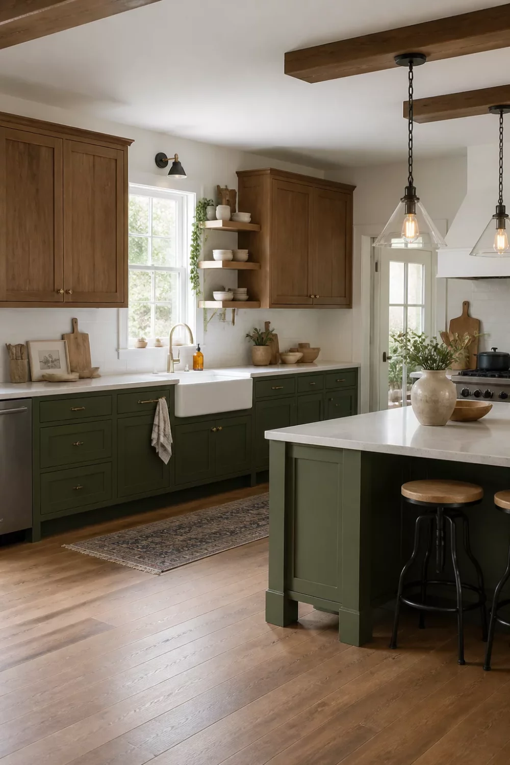 Two tone kitchen cabinets green and wood — deep moss green lowers with hickory uppers, farmhouse sink, and exposed ceiling beams.
