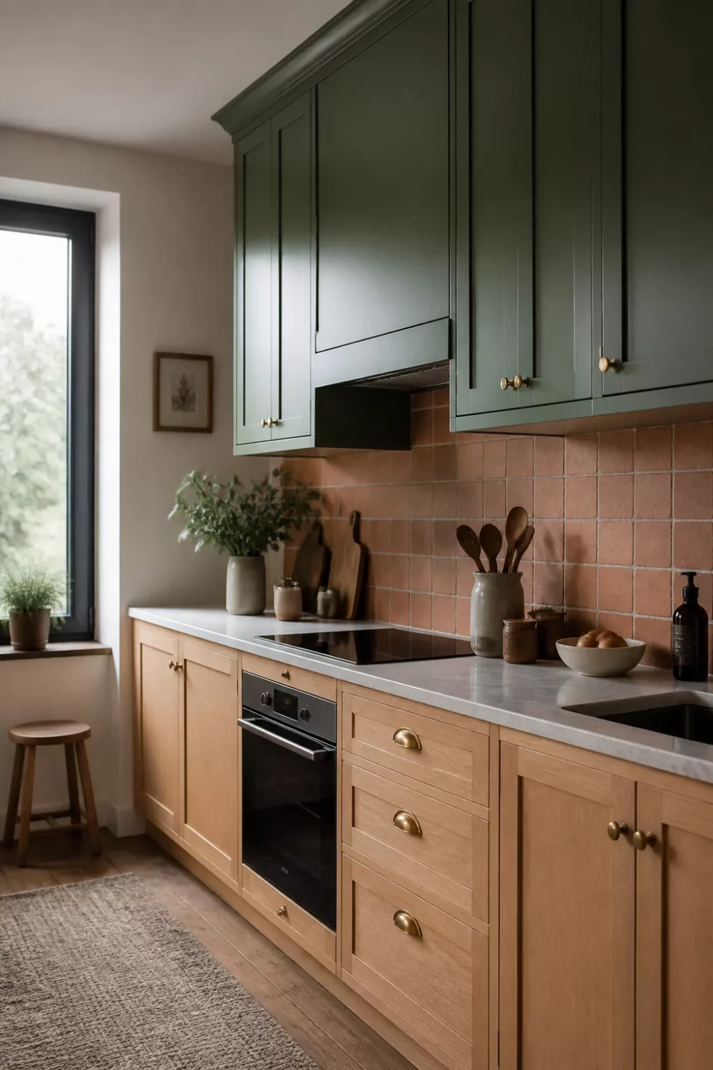 Two tone kitchen cabinets green and wood — olive green upper cabinets with blonde wood base and terracotta tile backsplash