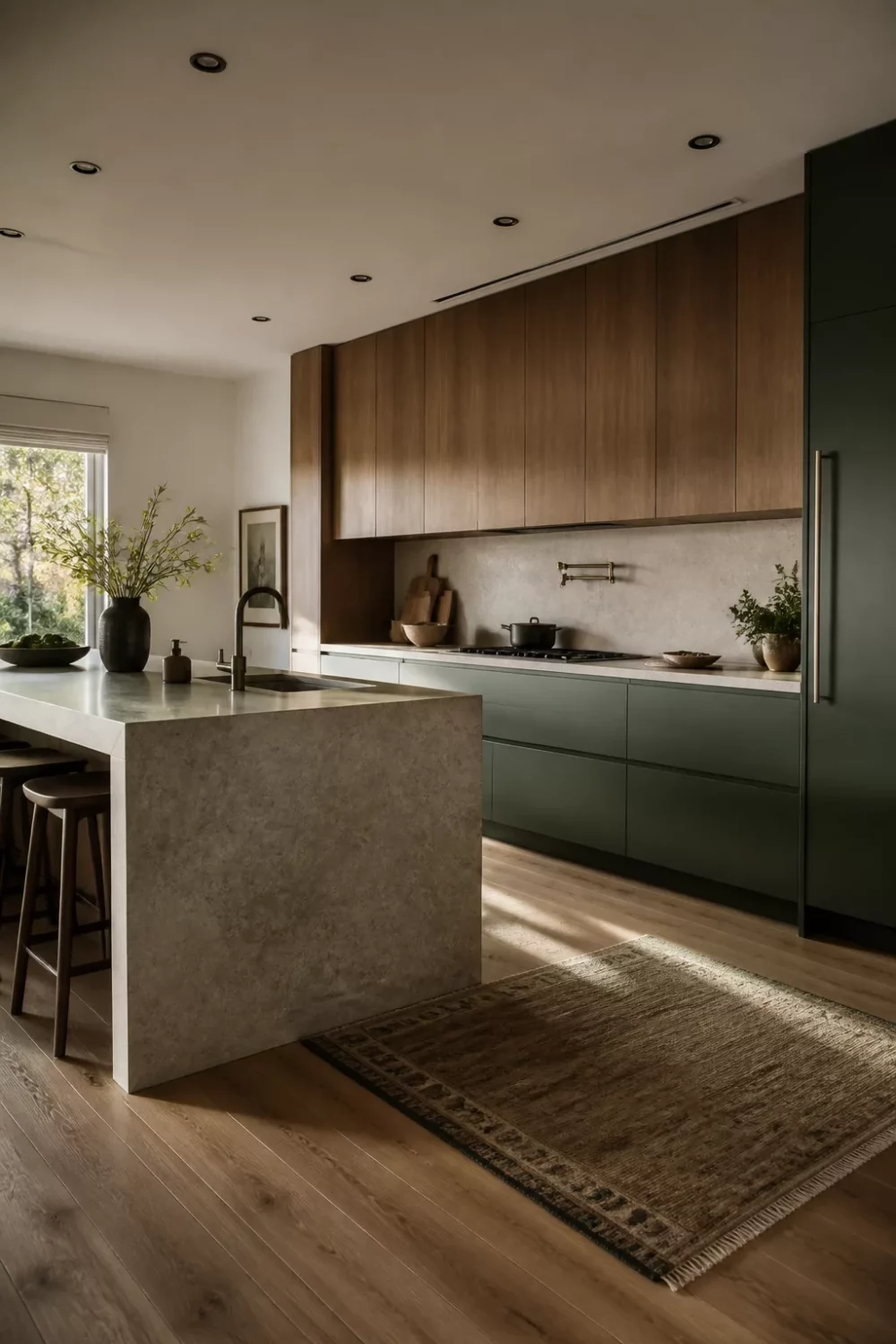 Two tone kitchen cabinets green and wood — hunter green flat-front lowers with smoked oak upper cabinets and stone island