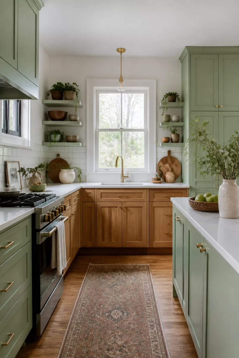 Two tone kitchen cabinets green and wood — soft mint uppers with warm oak base cabinets, brass hardware, and open shelving.