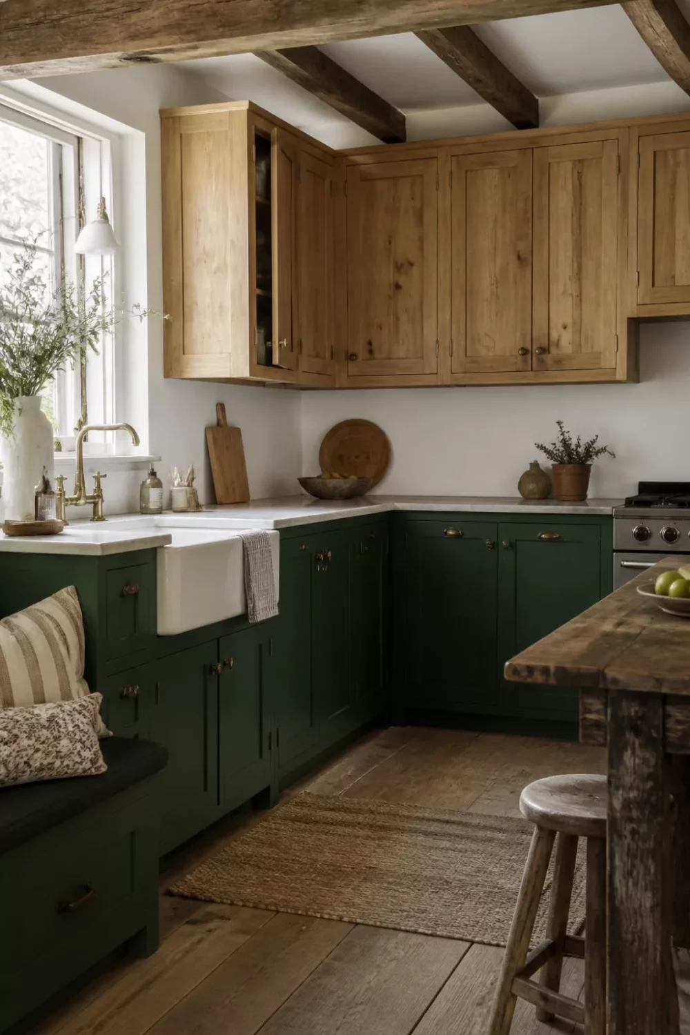 Two tone kitchen cabinets green and wood with bottle green lowers, raw pine uppers, and exposed beam ceiling