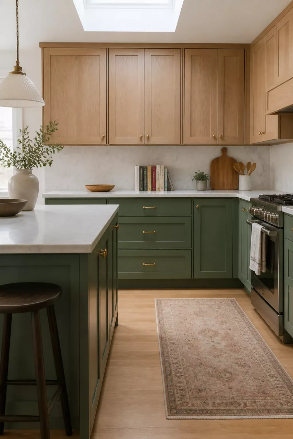 Two tone kitchen cabinets green and wood with eucalyptus green lowers, light ash shaker uppers, brass hardware, marble countertop