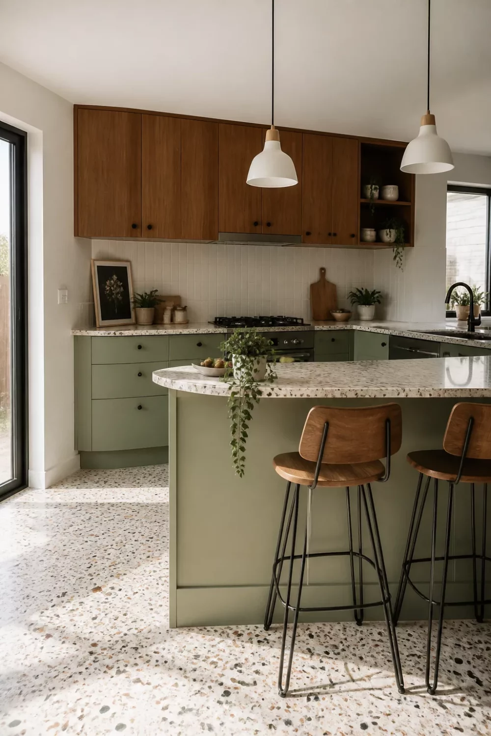 Two tone kitchen cabinets green and wood with sage base units, teak-look uppers, terrazzo floor and island.