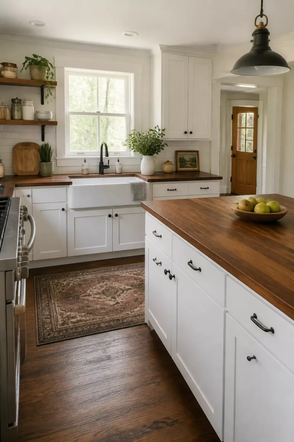 Walnut butcher block kitchen countertops with oil finish, white shaker cabinets, black hardware, and farmhouse sink