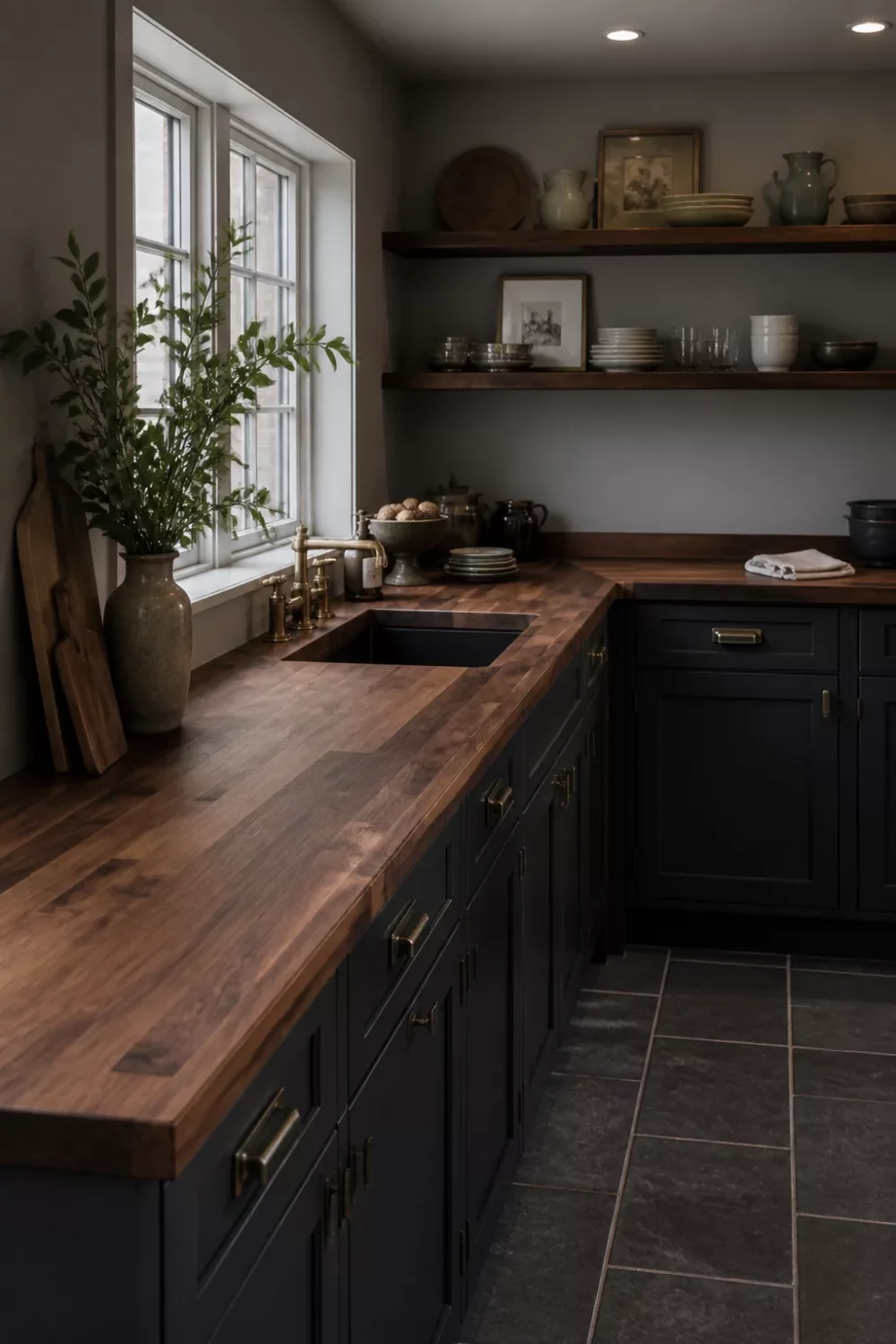 Walnut butcher block kitchen countertops with wide planks on charcoal gray cabinets and brass hardware