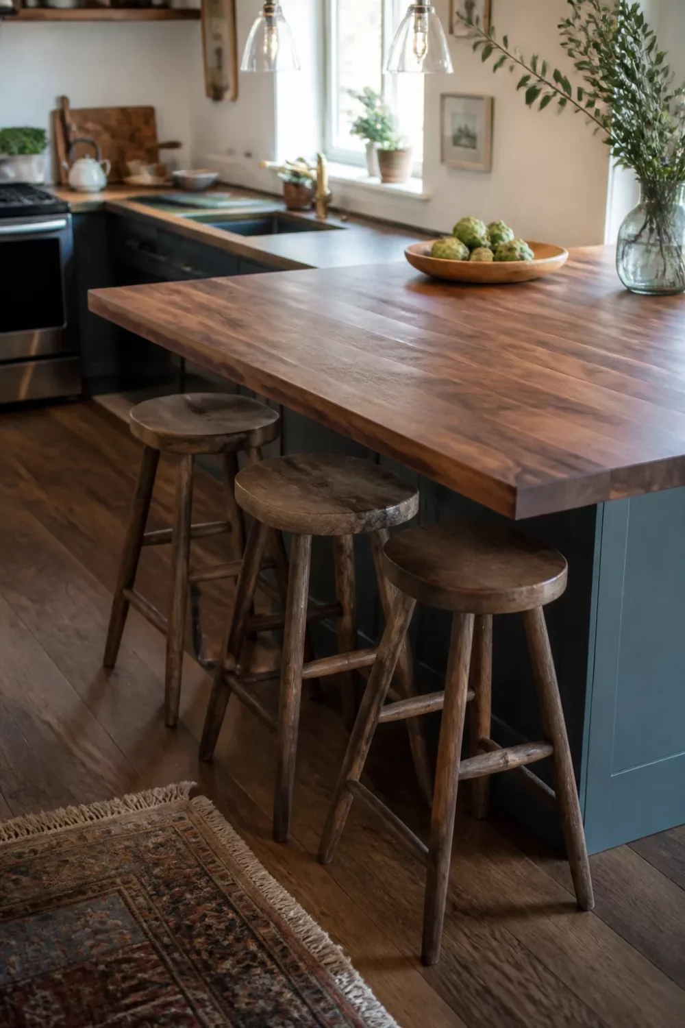 Walnut butcher block kitchen countertop with breakfast bar overhang and rustic wooden stools below a blue island