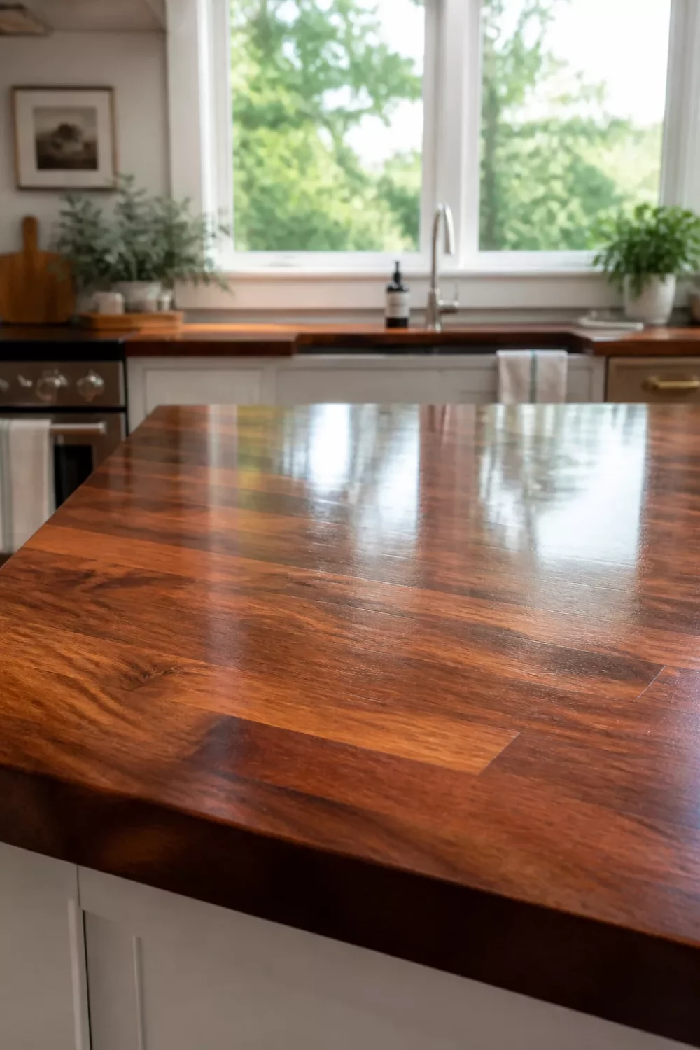 Close-up of a high-gloss polyurethane finish on walnut butcher block kitchen countertops in a white kitchen