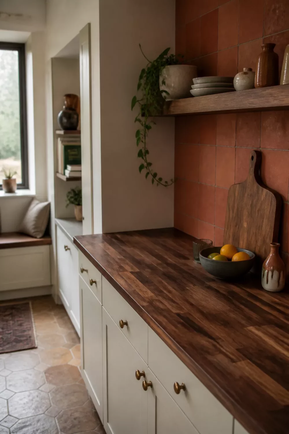 Walnut butcher block kitchen countertop paired with terracotta square tile backsplash and floating wood shelf