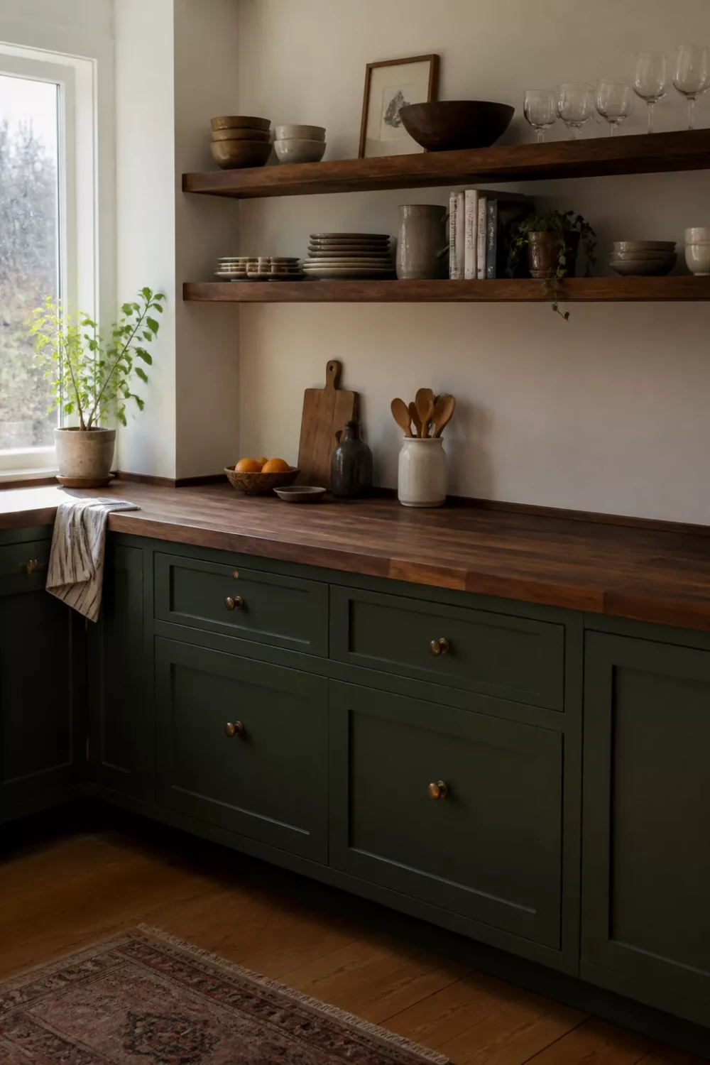Forest green shaker cabinets with walnut butcher block kitchen countertops and open walnut shelves above