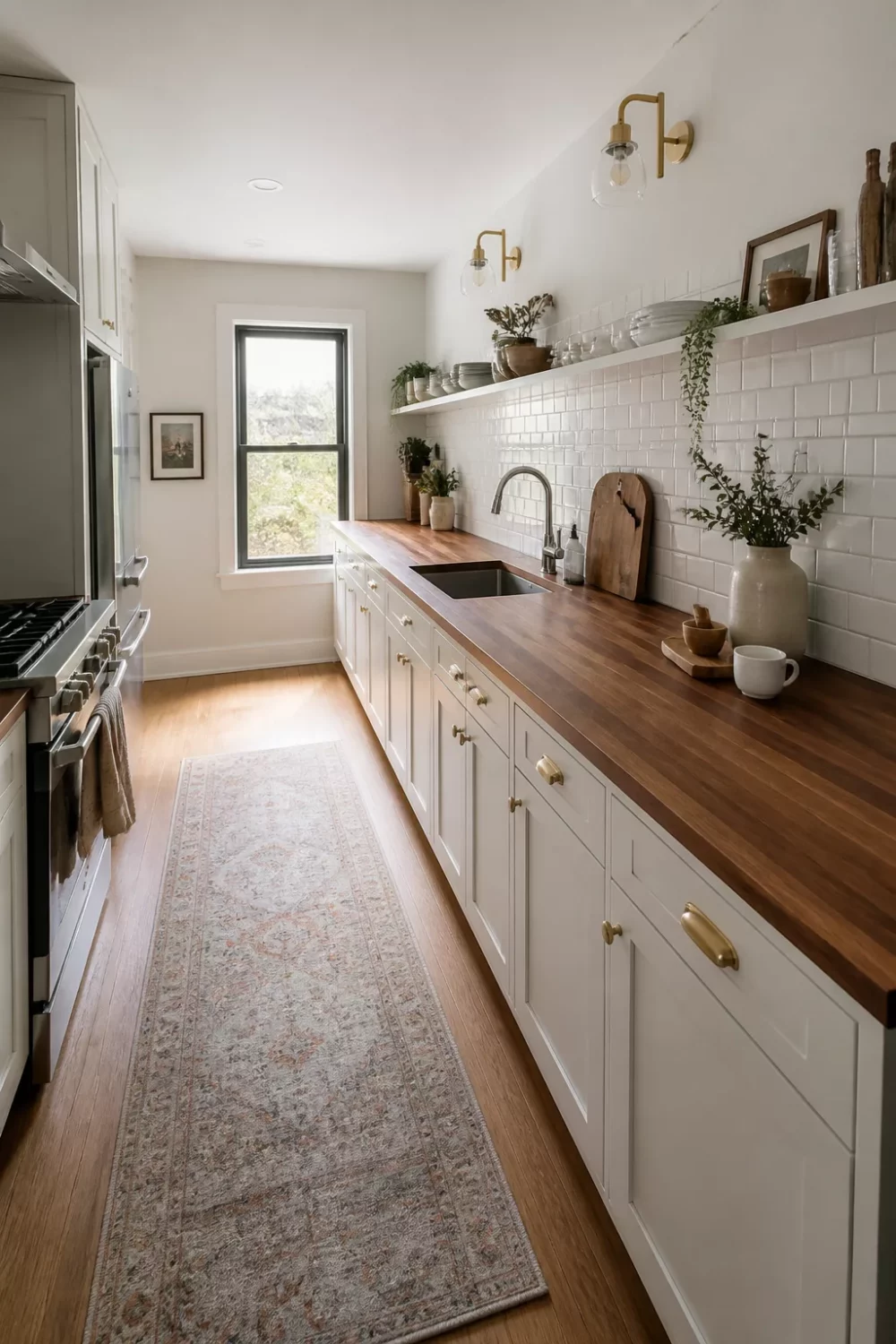 Walnut butcher block kitchen countertops in a narrow galley with white subway tile and brass sconces
