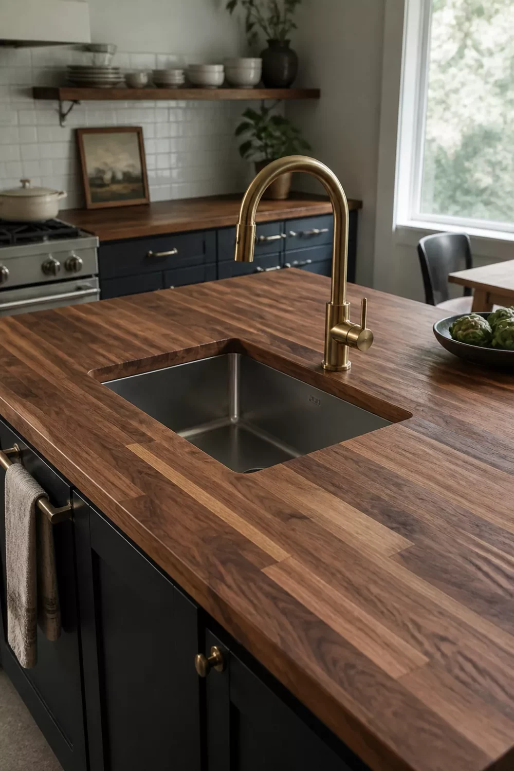 Walnut butcher block kitchen countertop on navy island with undermount sink and brushed brass gooseneck faucet