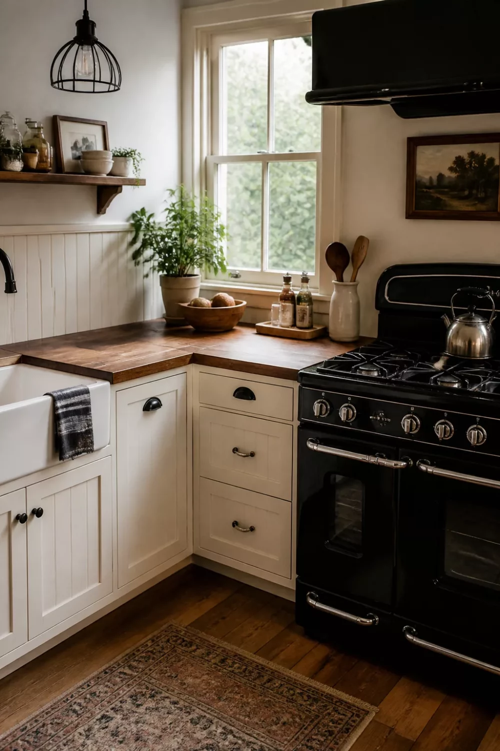 Walnut butcher block kitchen countertop with cream beadboard cabinets, black vintage gas range, and farmhouse sink.
