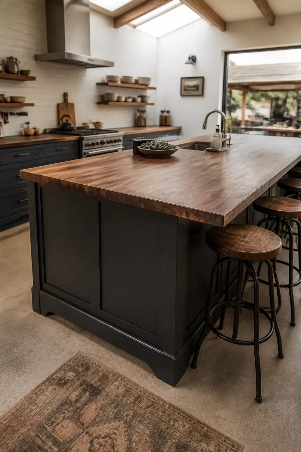Walnut butcher block kitchen countertop on dark island base with concrete floors and open shelving