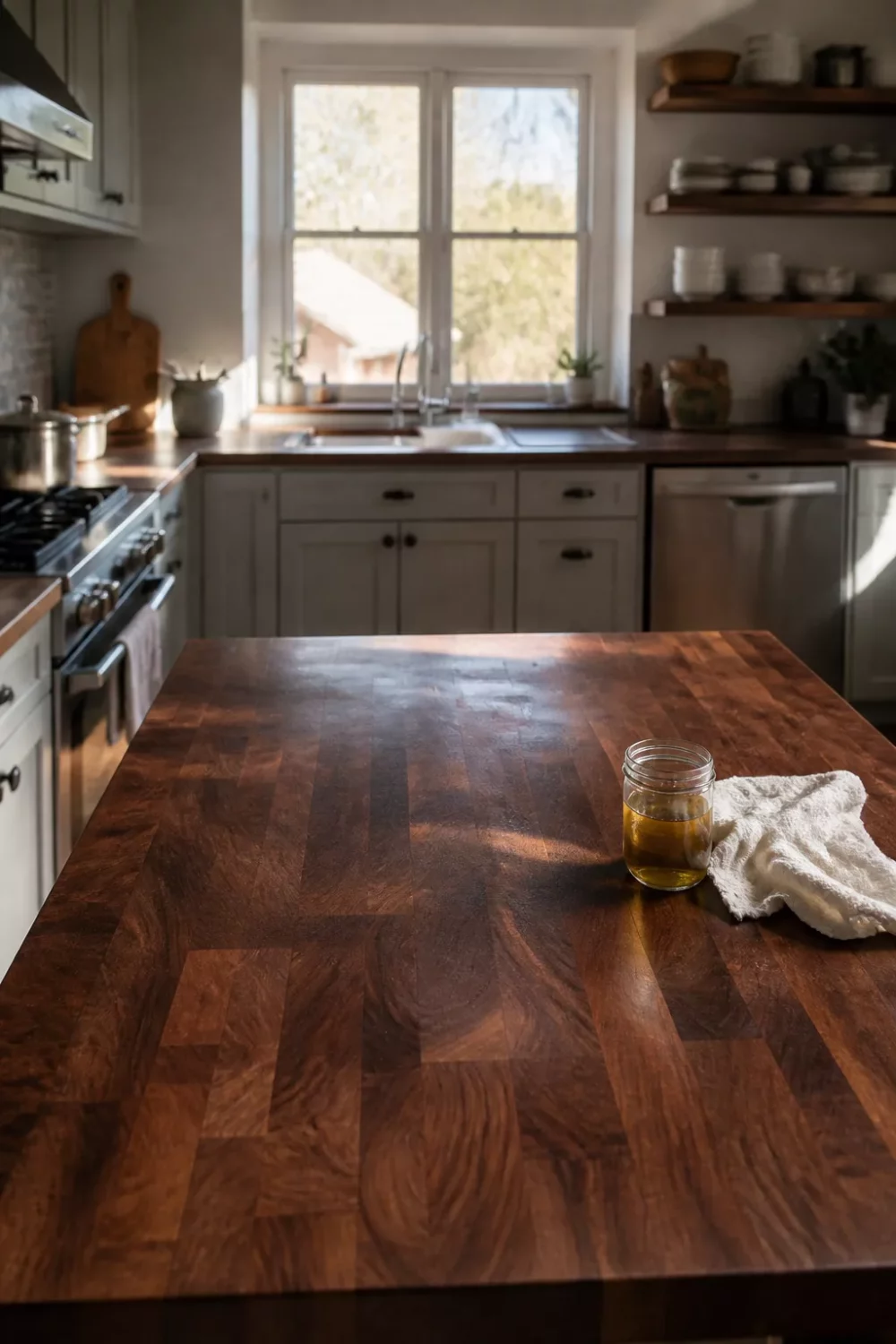 Freshly oiled end-grain walnut butcher block kitchen countertop with linseed oil jar and cloth on island