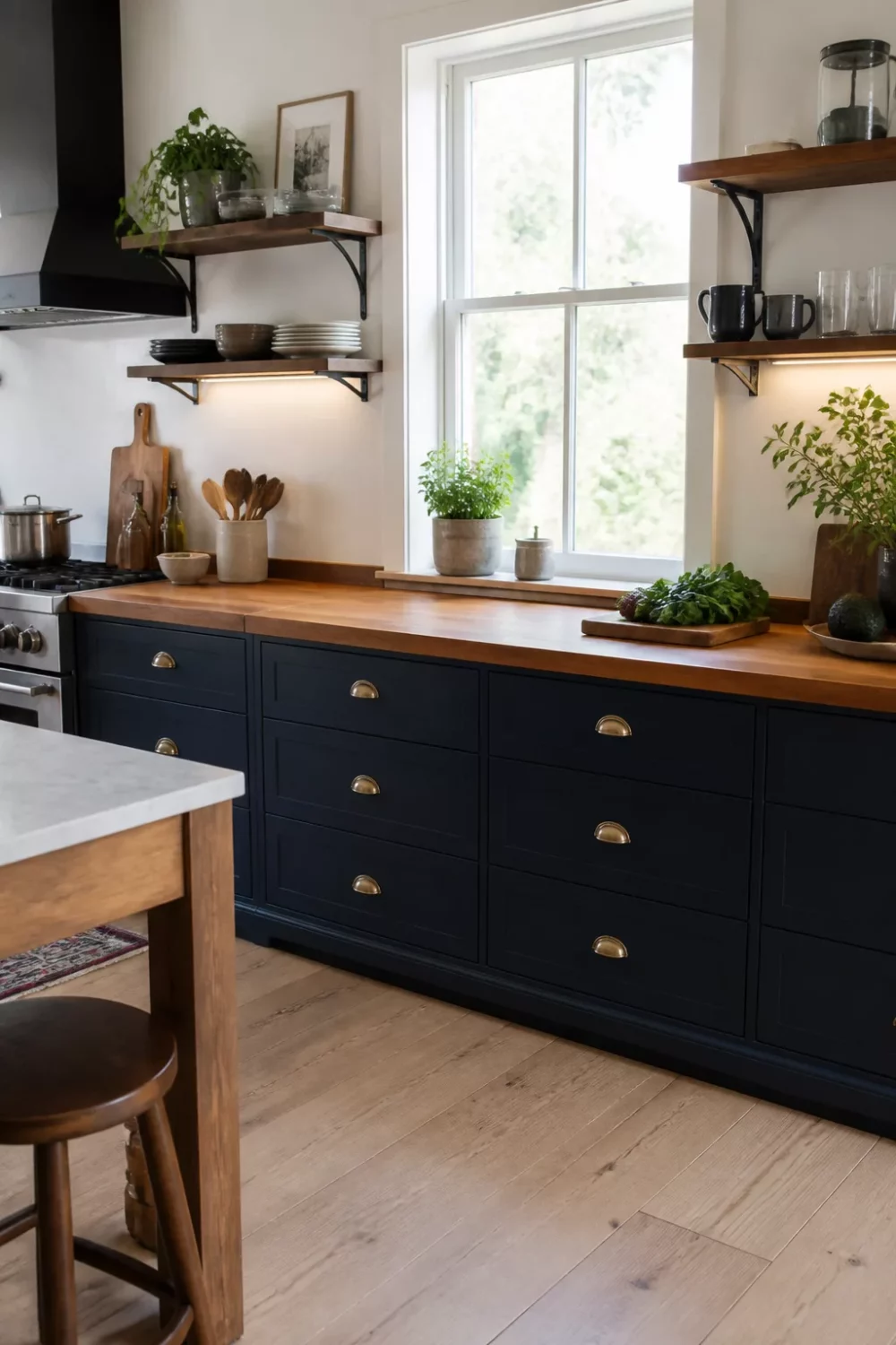 Walnut butcher block kitchen countertop on navy shaker cabinets with brass cup pulls and open wood shelves