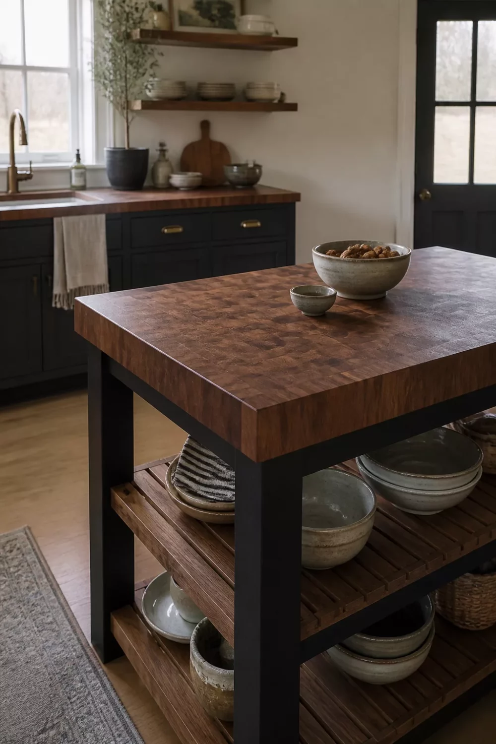 End-grain walnut butcher block kitchen countertop on open-shelf island with dark base and ceramic bowl storage