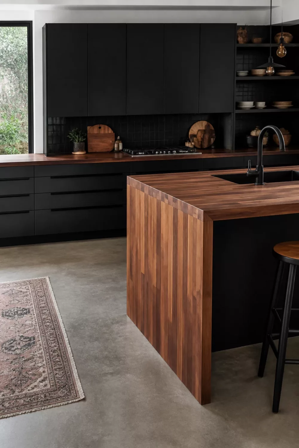 Walnut butcher block kitchen countertops with waterfall edge island and matte black cabinets on concrete floors