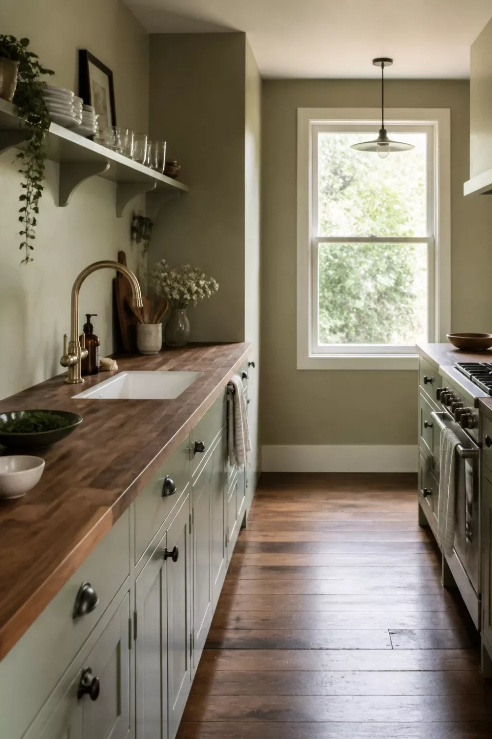 Sage green shaker cabinets with walnut butcher block kitchen countertops, brass faucet, and open shelving in a galley kitchen.