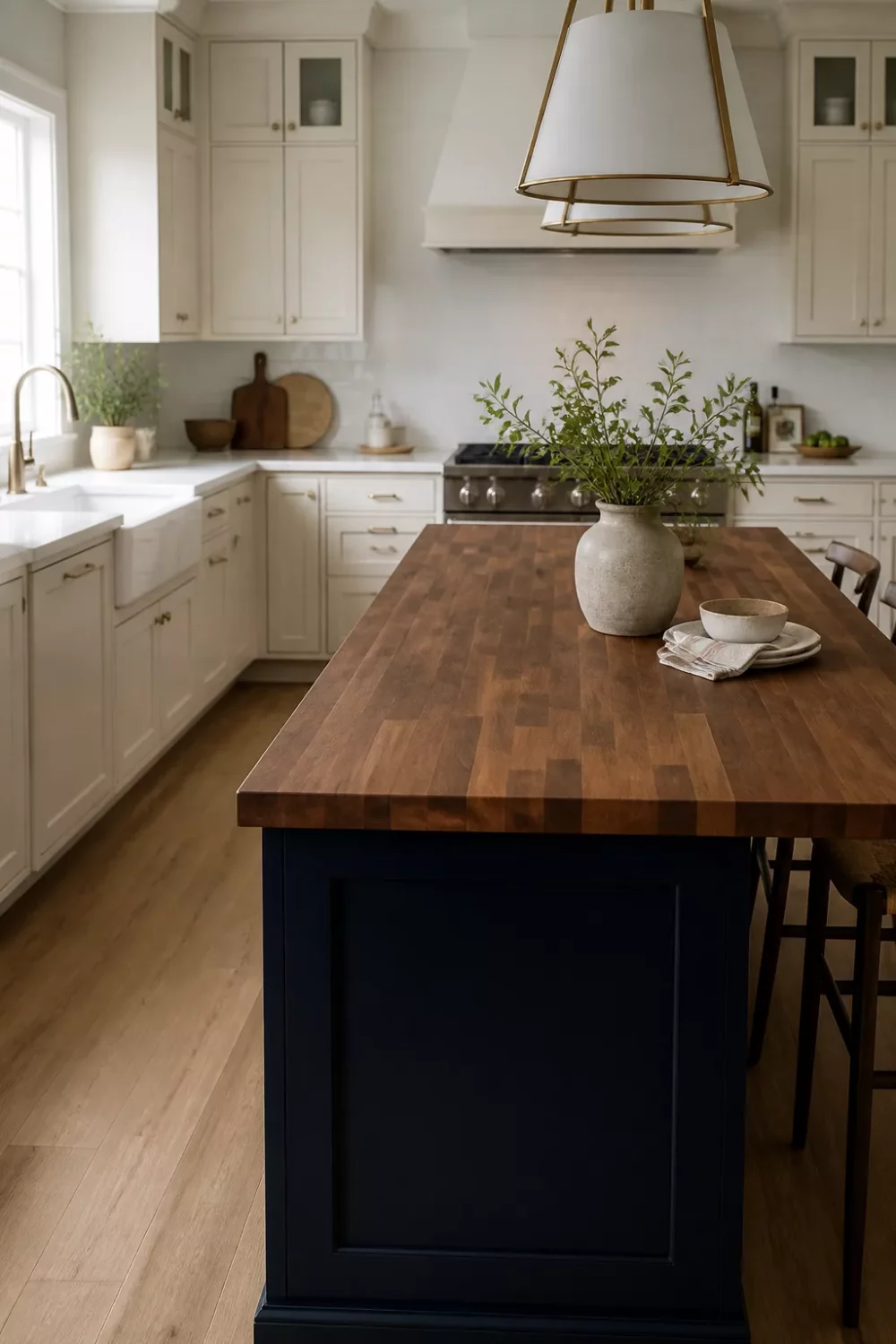 Navy island base with walnut butcher block kitchen countertop contrasting white perimeter cabinets in a bright kitchen