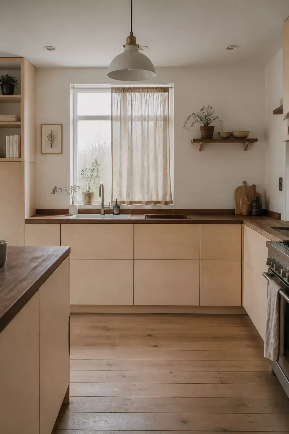 Walnut butcher block kitchen countertops with flat-front light wood cabinets and linen curtain in a minimalist kitchen