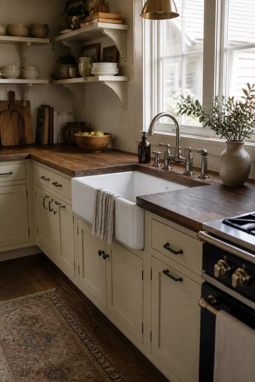 Walnut butcher block kitchen countertops with white apron sink, bridge faucet, and cream shaker cabinets