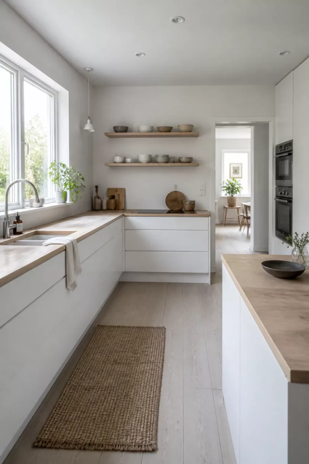 White kitchen with wood countertops in pale birch, handleless flat-front cabinets, open shelves, and jute runner