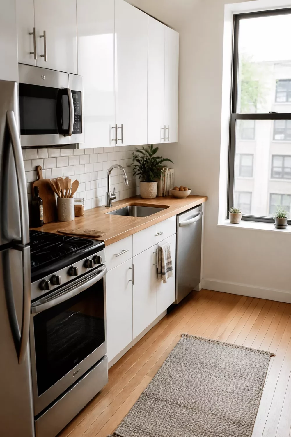 Compact white kitchen with wood butcher block countertops, subway tile backsplash, and stainless appliances — White Kitchens With Wood Countertops
