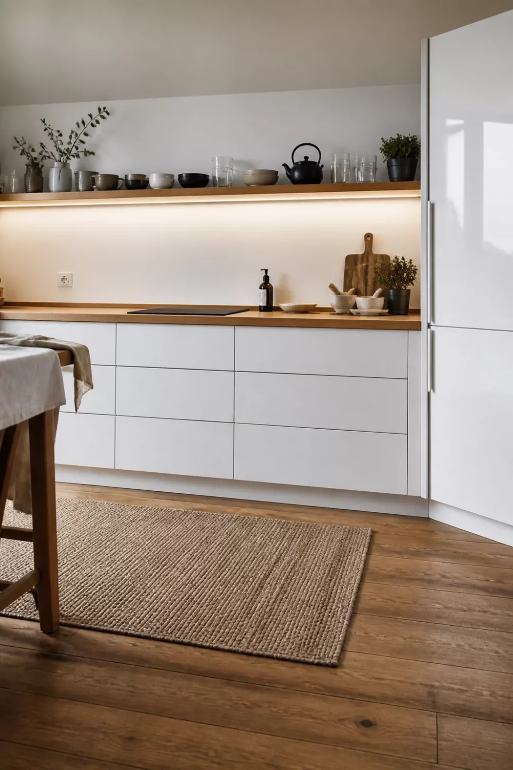White kitchen with wood countertops featuring oiled oak surfaces, handleless drawers, and LED-lit open shelving