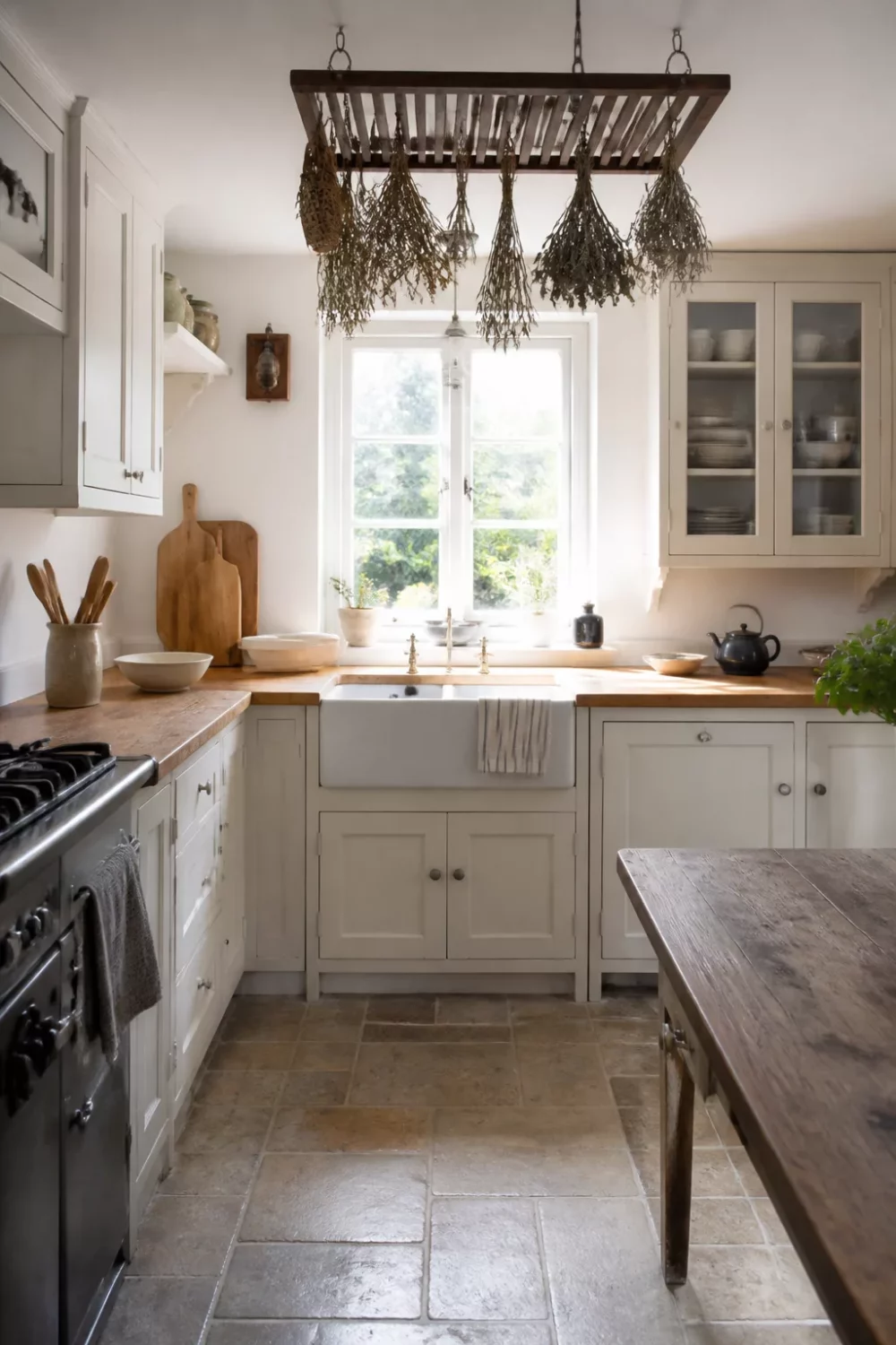 White kitchen with wood countertops, hanging herb rack, farmhouse sink, and stone tile floor — country kitchen inspiration