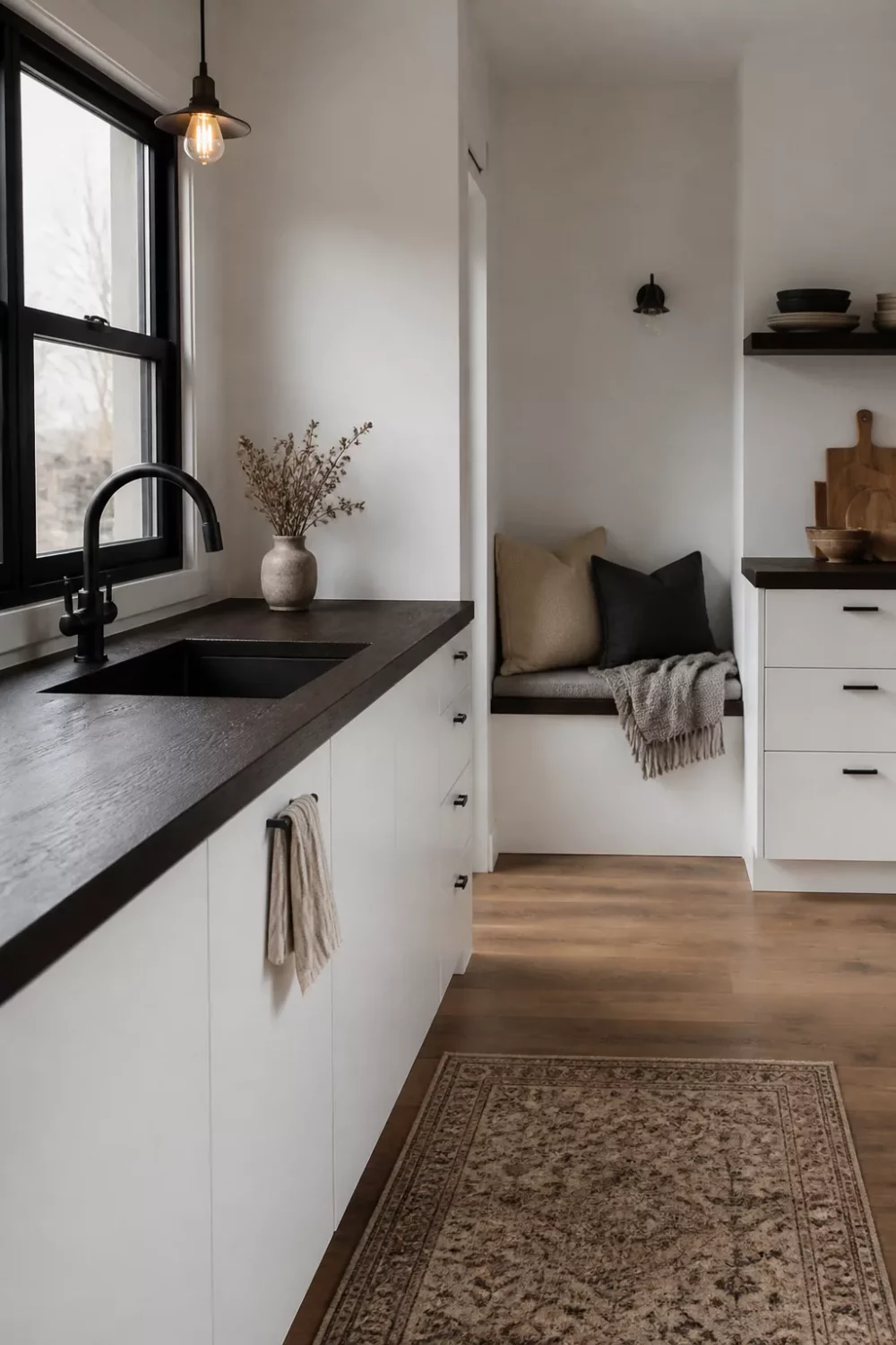 White kitchen with ebonized wood countertops, matte black sink, black-framed window, and built-in bench nook