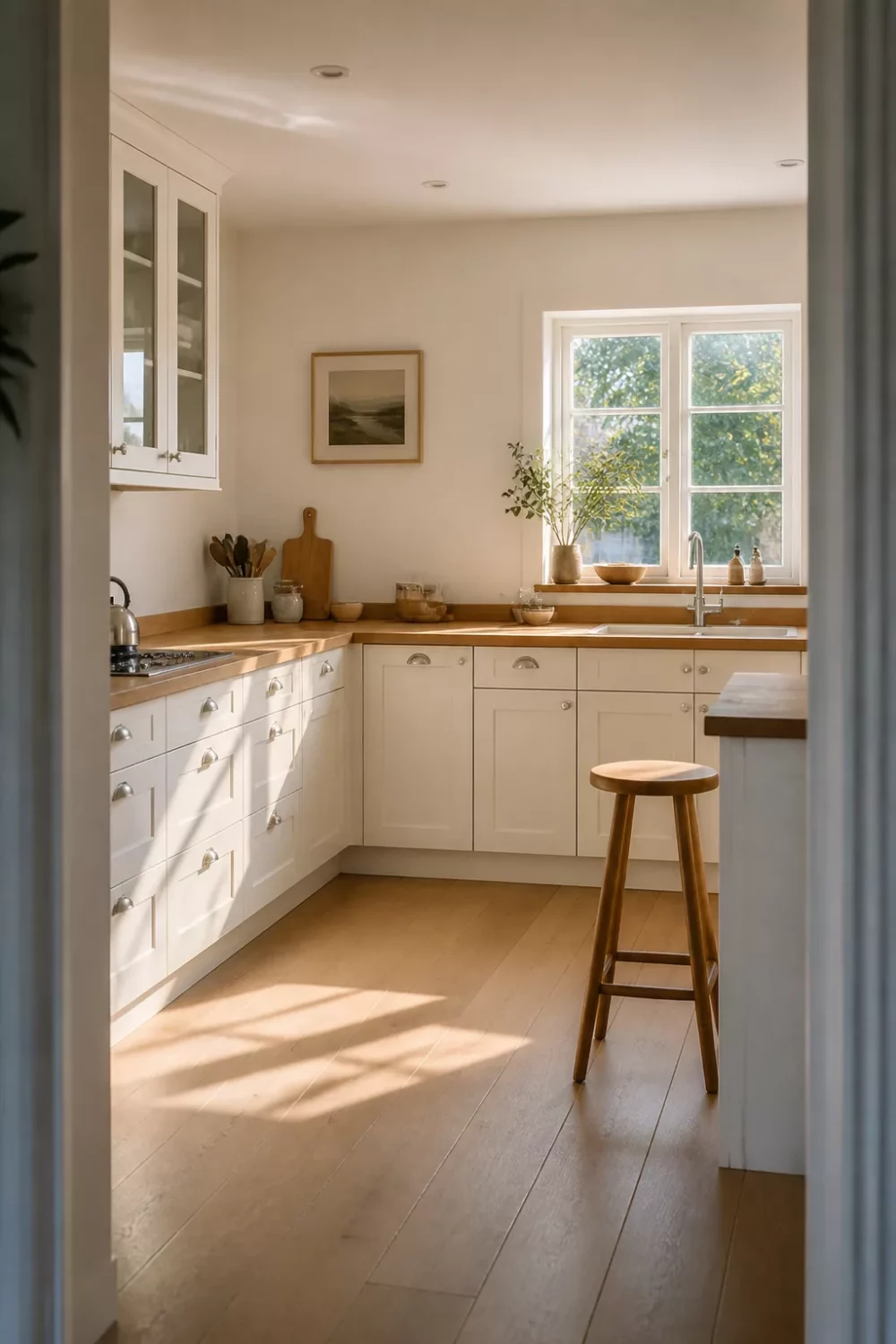White kitchen with wood countertops in an L-shape layout, wraparound oak surface and shaker cabinets in bright natural light