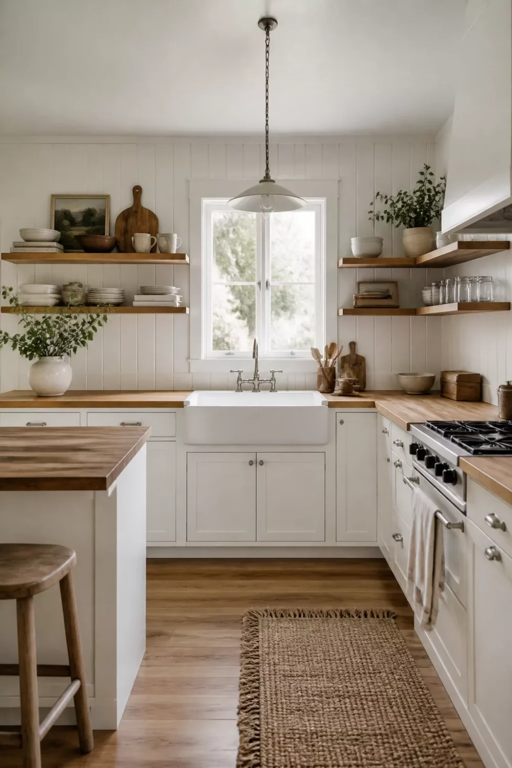 White kitchen with wood countertops, shiplap walls, farmhouse sink and open shelves — cozy cottage style