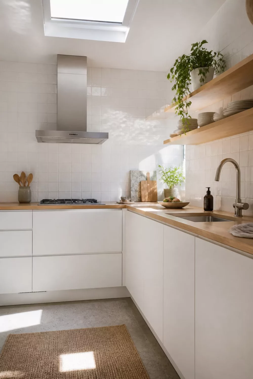 White kitchen with wood countertops, open ash shelving, skylight, and flat-front white cabinets in a compact layout.