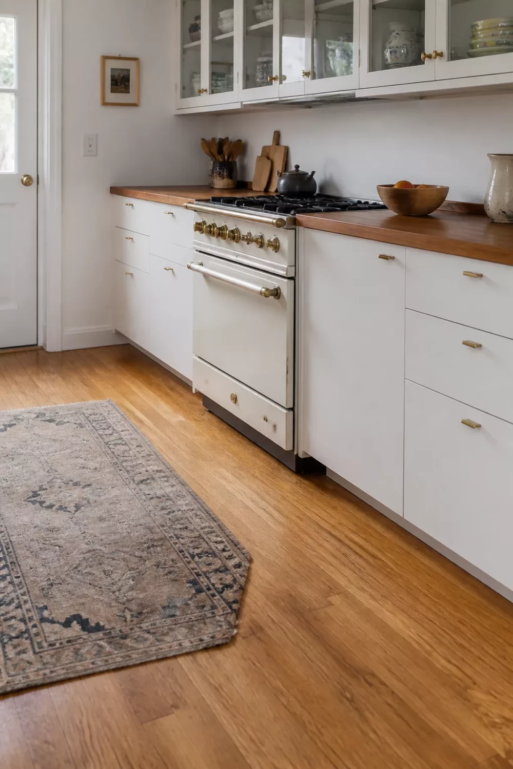 White kitchen with wood countertops featuring a cream vintage range, brass hardware, and a warm teak-tone counter run
