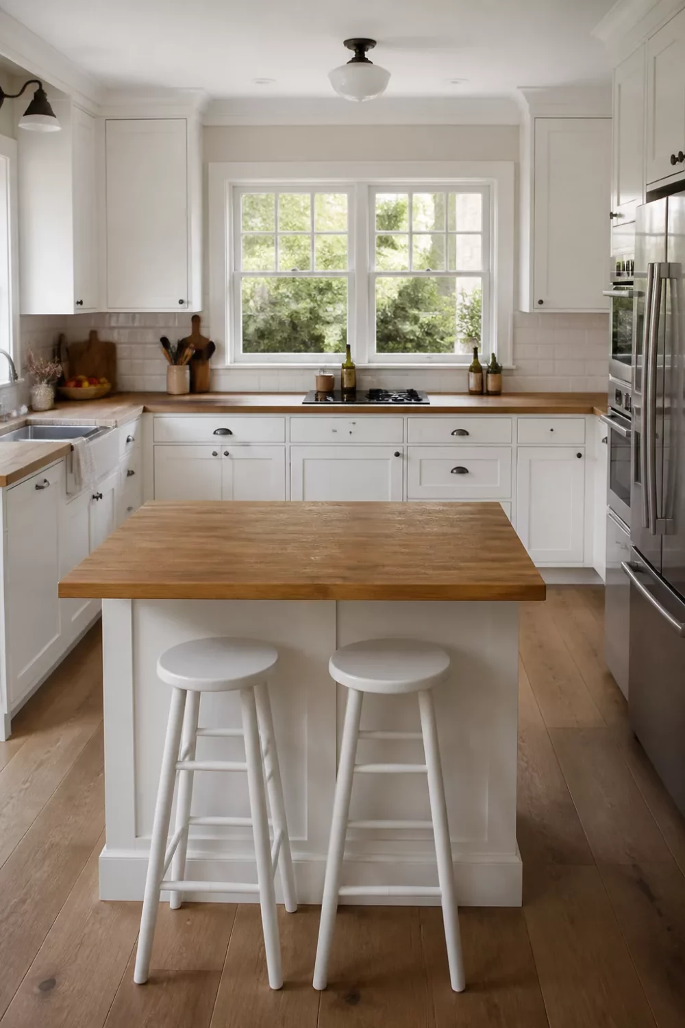 White kitchen with wood countertops featuring a solid oak breakfast bar island and white stools