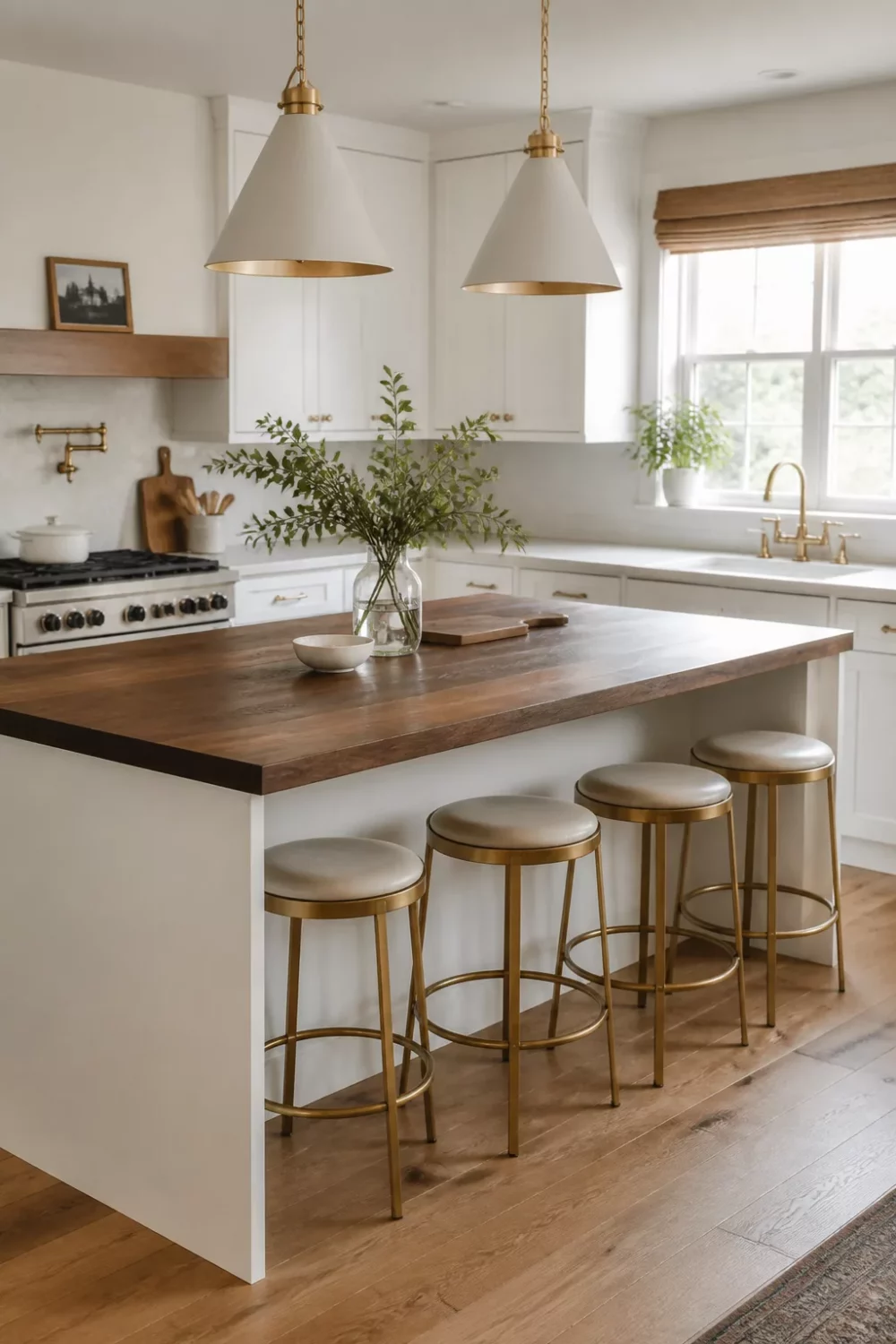 White kitchen with dark walnut wood countertop island, brass pendants, and gold bar stools — white kitchens with wood countertops