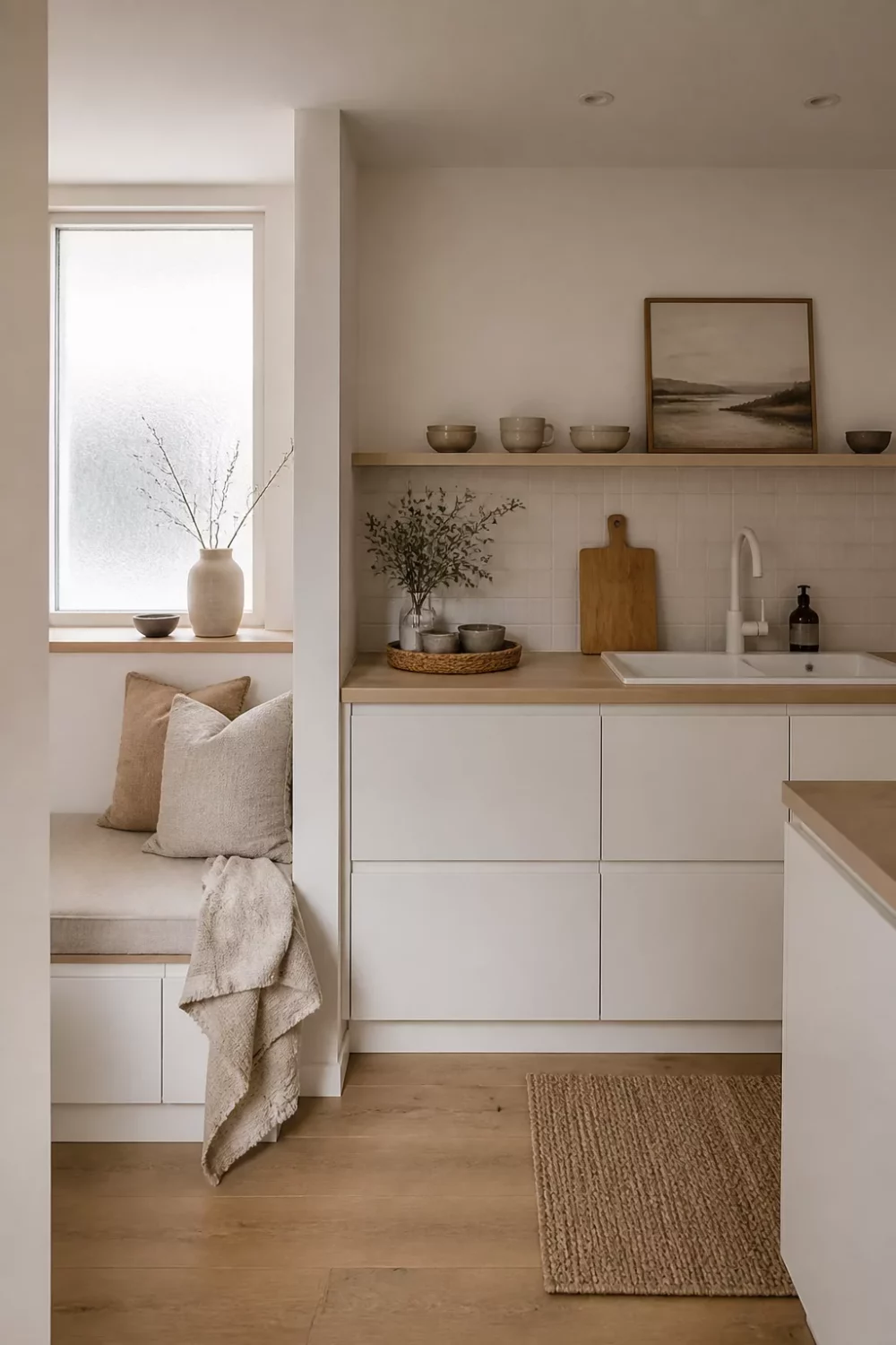 White kitchen with wood countertops and open shelving in a calm Japandi-style layout with pale cabinetry