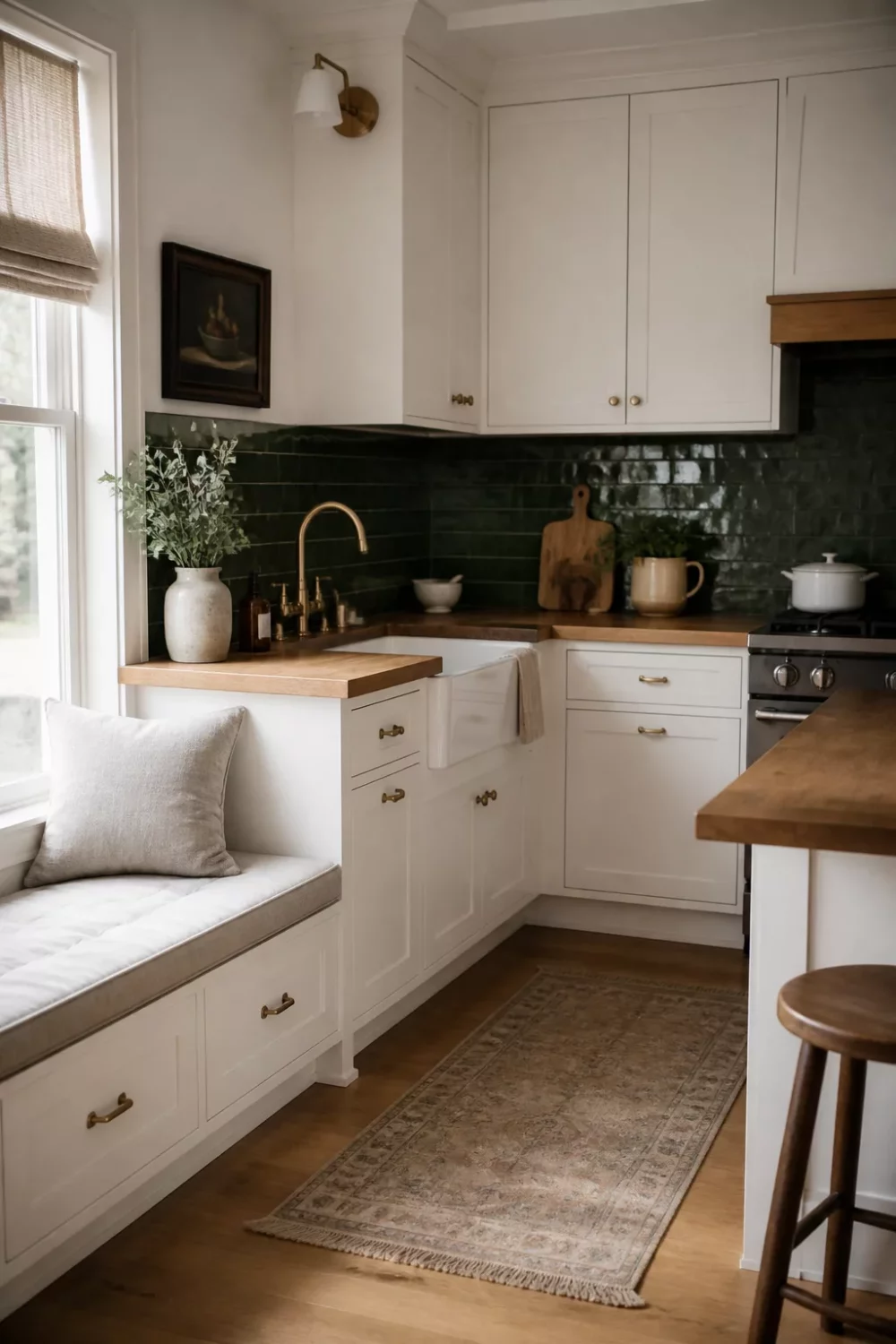 White kitchen with wood countertops, dark green zellige backsplash, brass hardware, and built-in window bench seat